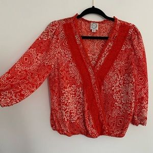 BLUE RAIN Faux Wrap Red White 3/4 Sleeve Blouse Size M